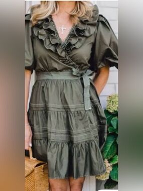 En Saison Olive Green Ruffle Tie-Waist Mini Dress